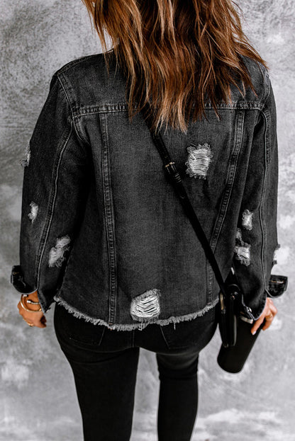 Black Distressed Raw Hem Denim Jacket