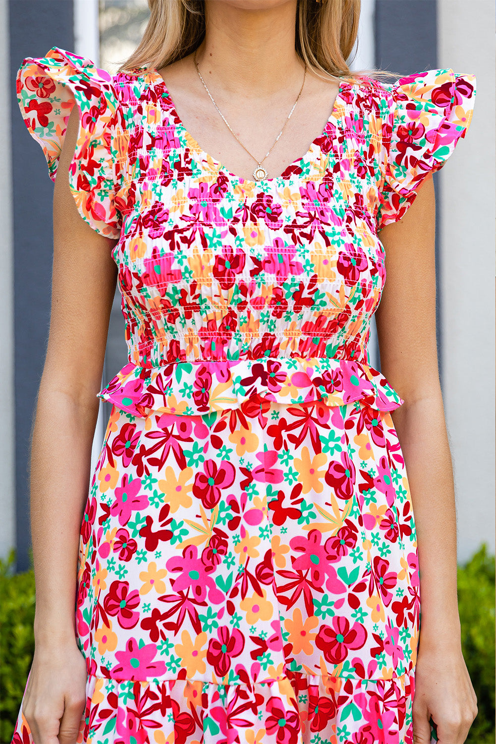 Multicolor Smocked Bodice Ruffle Trim Floral Short Dress