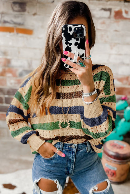 Multicolor Striped Hollowed Knitted Loose Sweater