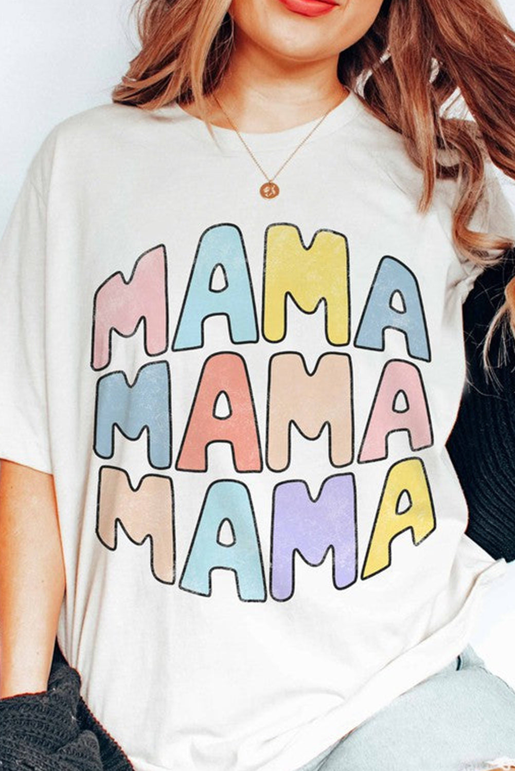 White Casual MAMA Slogan Graphic Crew Neck T Shirt
