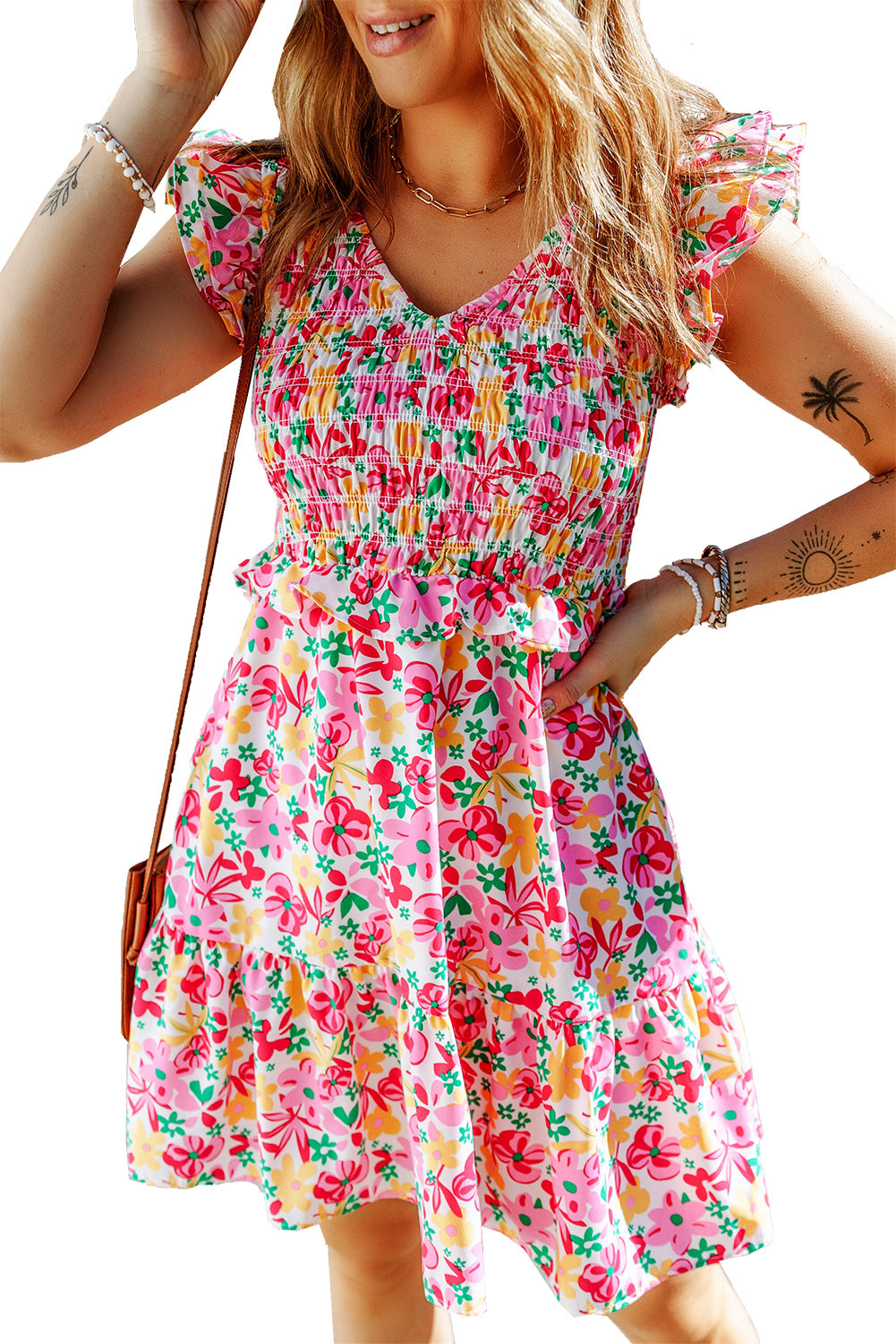 Multicolor Smocked Bodice Ruffle Trim Floral Short Dress