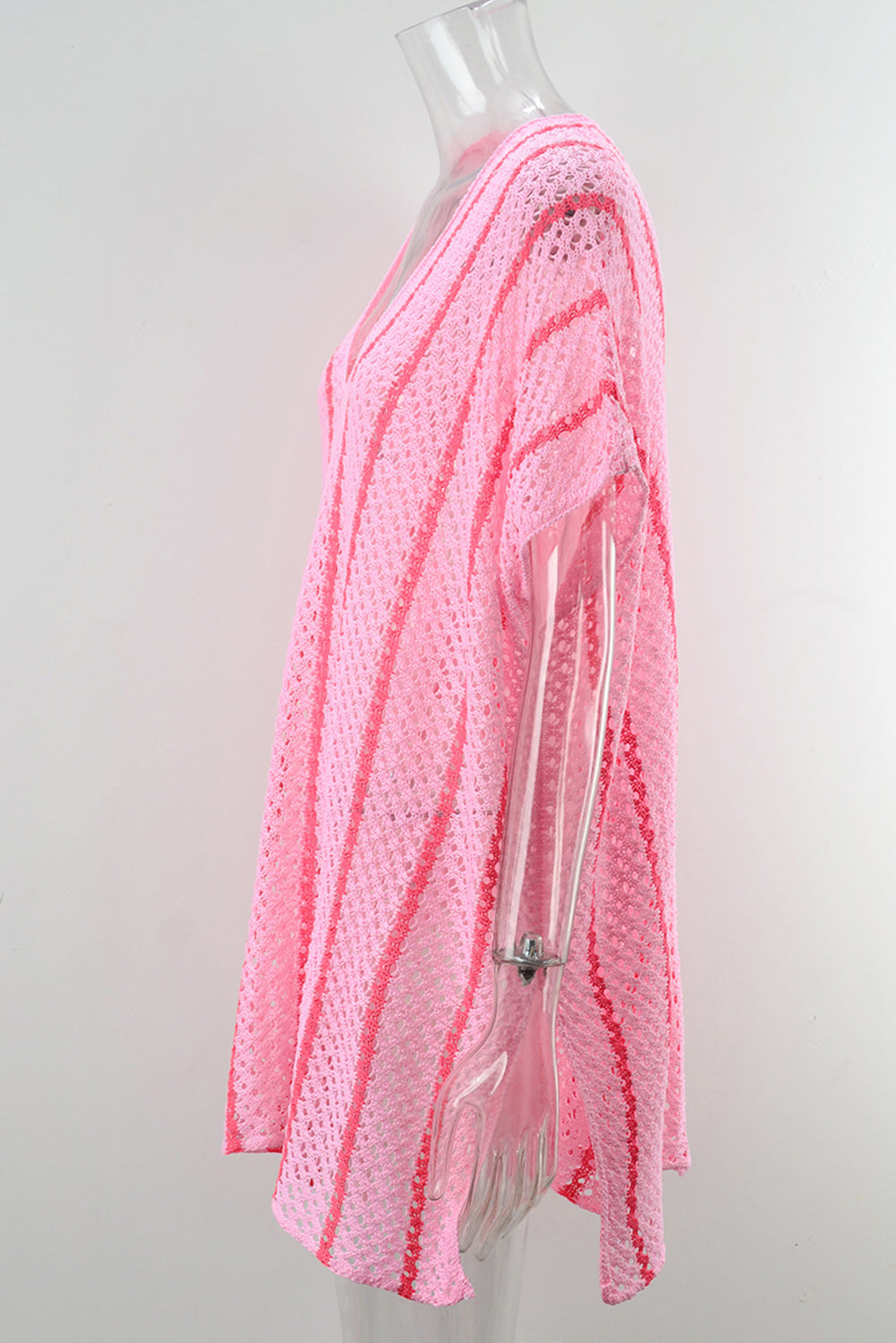 Pink Striped Crochet Loose Fit V Neck Beach Cover Up