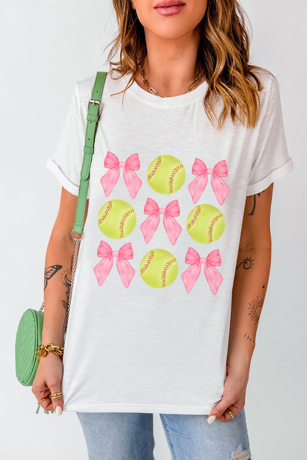 White Casual Bow Tie Baseball Graphic Round Neck Tee