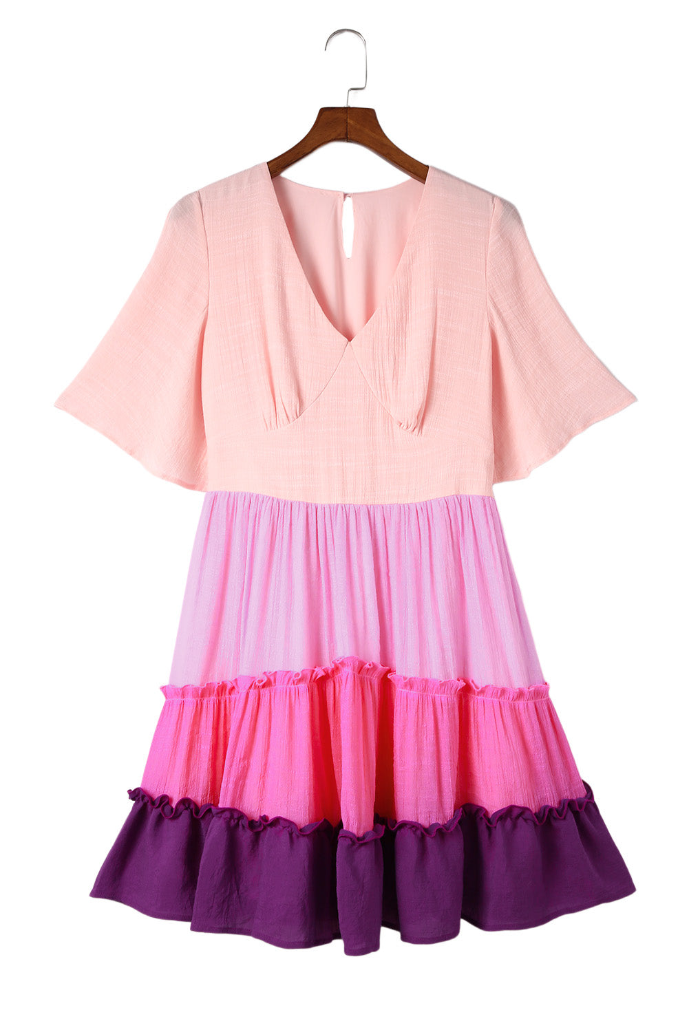 Pink Ombre Colorblock V Neck Tiered Short Dress