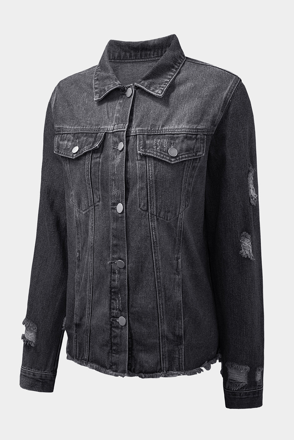 Black Distressed Raw Hem Denim Jacket