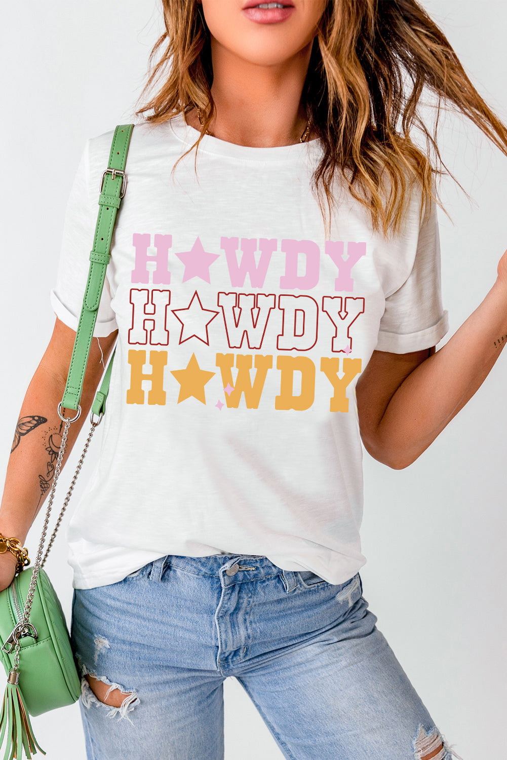 White Casual HOWDY Stars Graphic Crew Neck T Shirt