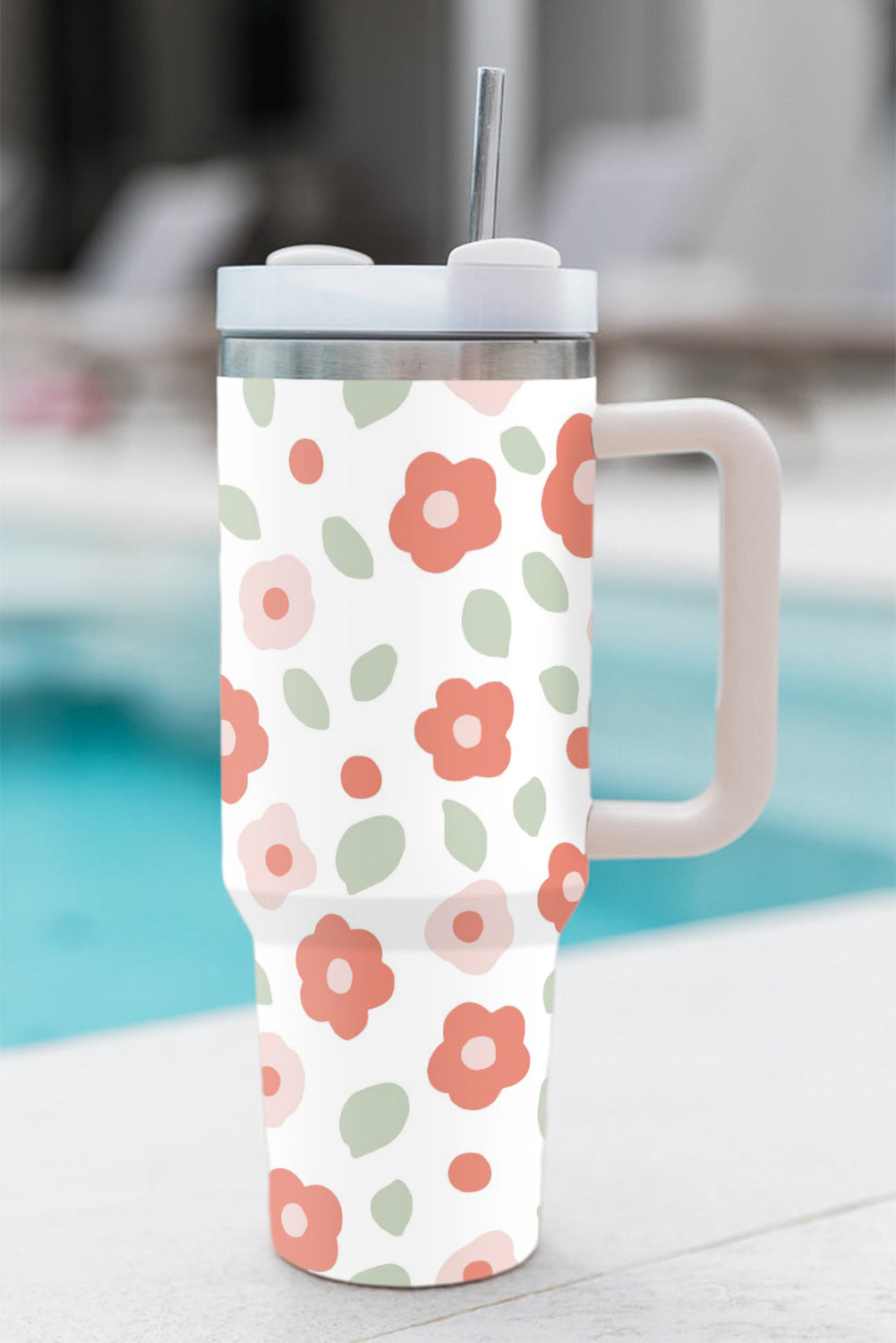 White 1200ml 60s Floral Print Stainless Large Portable Cup