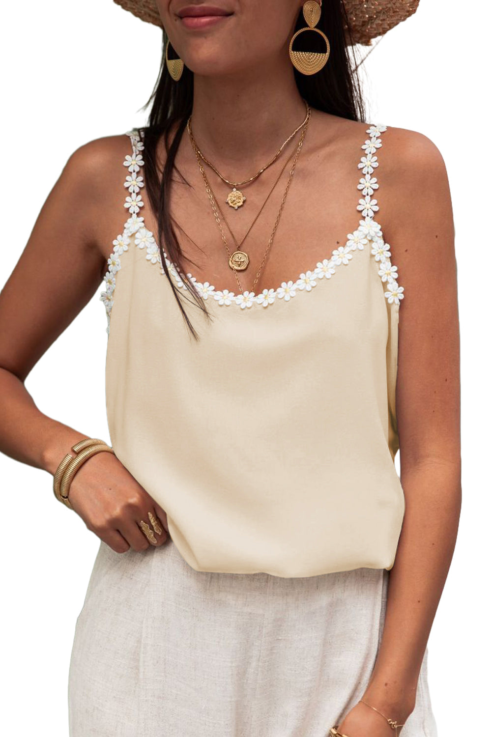 White Solid Daisy Flower Straps Cami Top