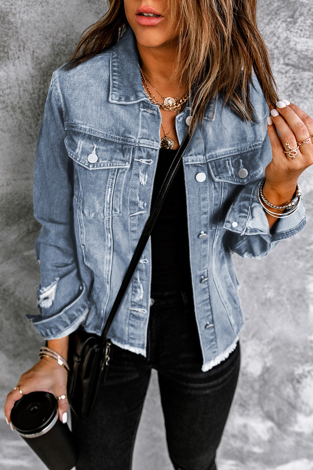 Black Distressed Raw Hem Denim Jacket