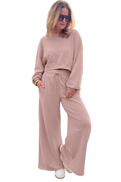 Mist Blue Drop Shoulder Crop Pullover Drawstring Wide Leg Pants Set