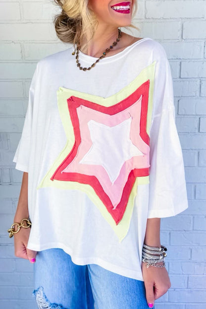 Light Pink Colorblock Star Patched Half Sleeve Oversized Tee