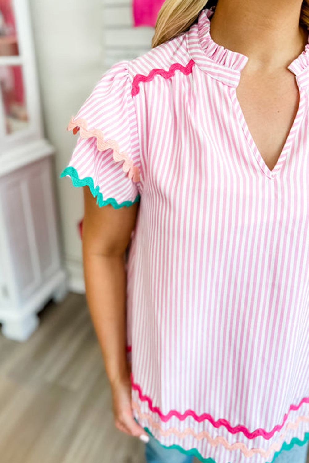 Striped Frill V-Neck Blouse