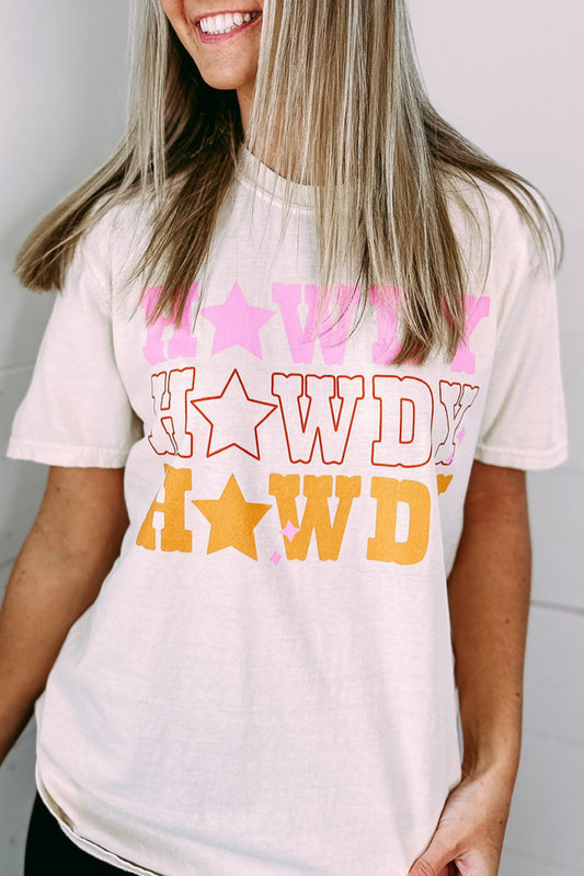 White Casual HOWDY Stars Graphic Crew Neck T Shirt