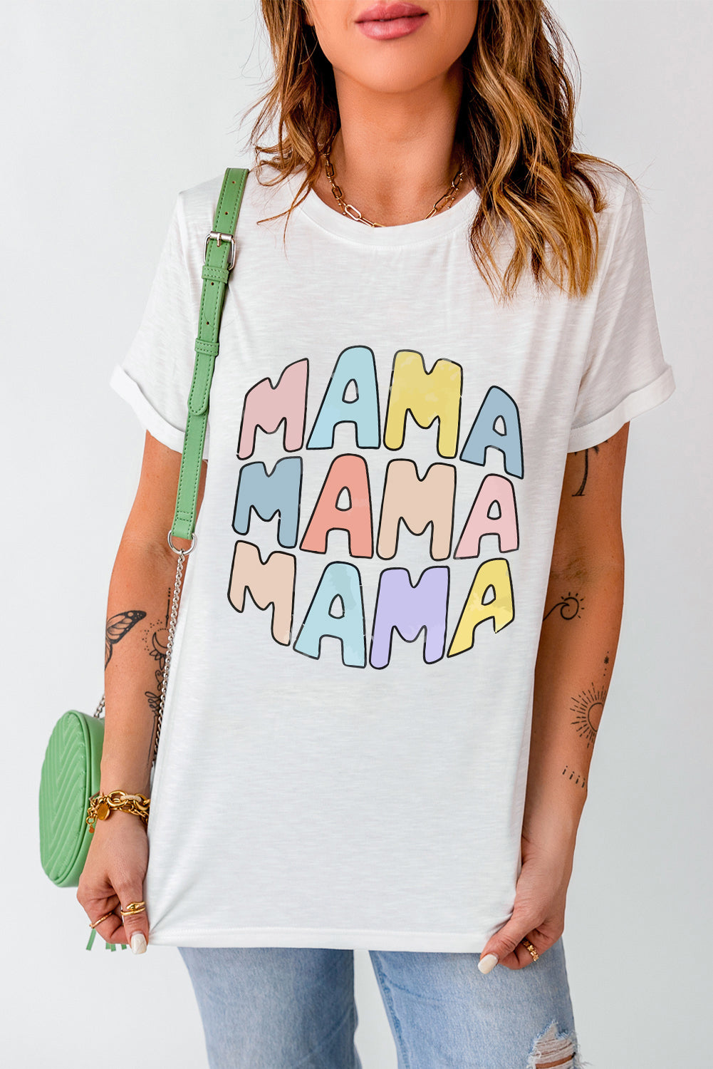 White Casual MAMA Slogan Graphic Crew Neck T Shirt