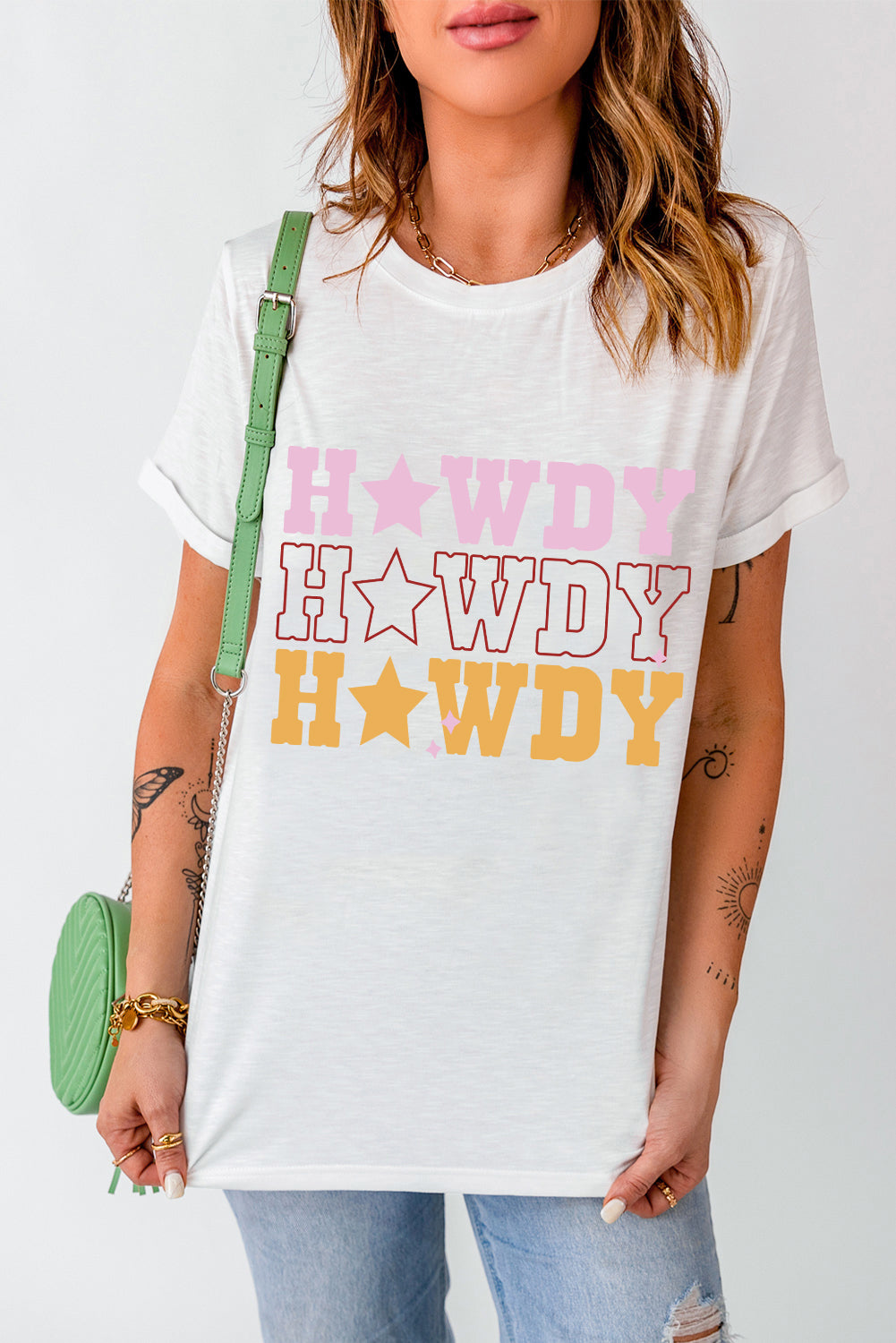 White Casual HOWDY Stars Graphic Crew Neck T Shirt