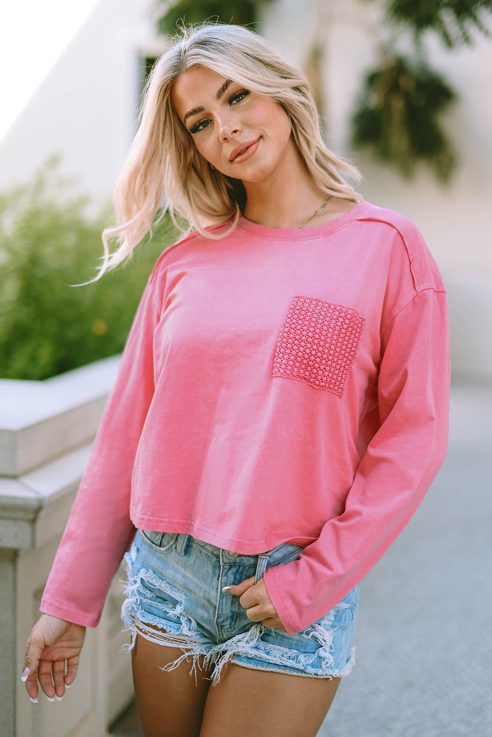 Pink Acid Wash Lace Patch Pocket T-Shirt