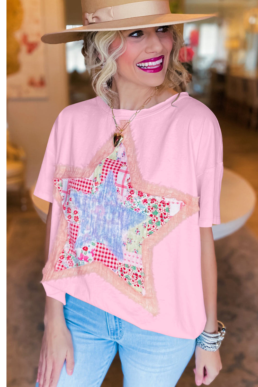 Pink Vibrant Star Patchwork Loose T-shirt