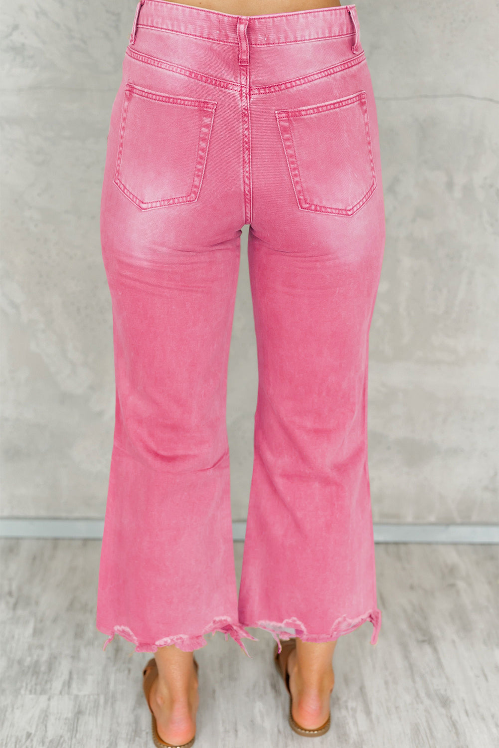 Pink Distressed Ripped Raw Hem High Waist Flare Jeans