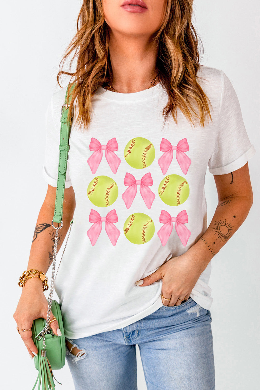 White Casual Bow Tie Baseball Graphic Round Neck Tee