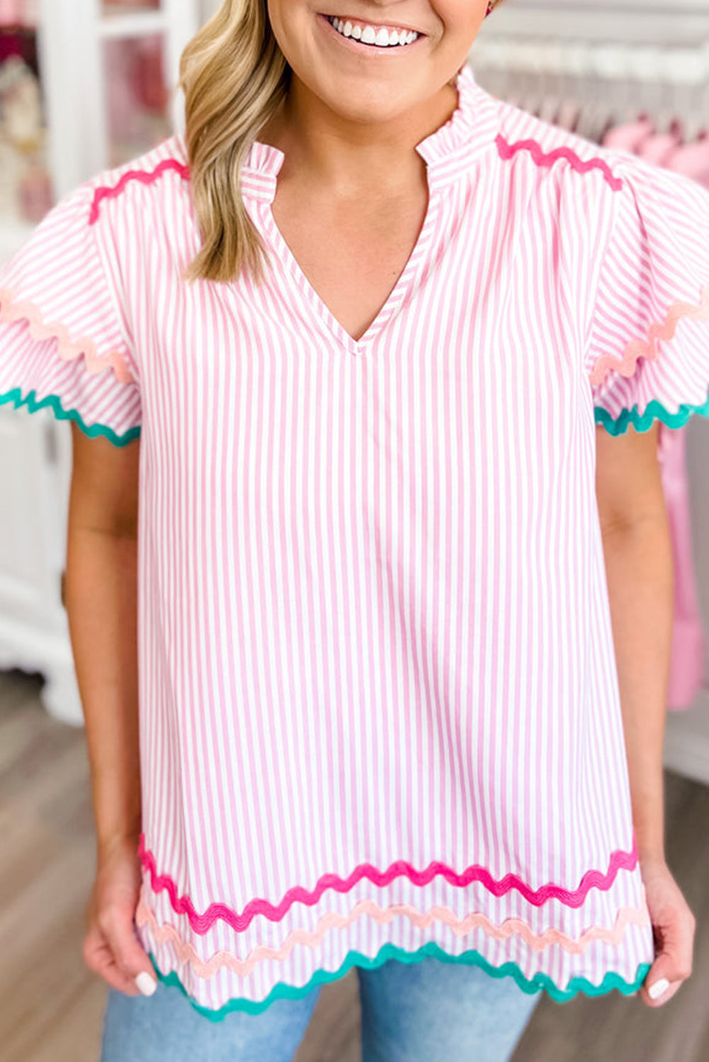 Striped Frill V-Neck Blouse